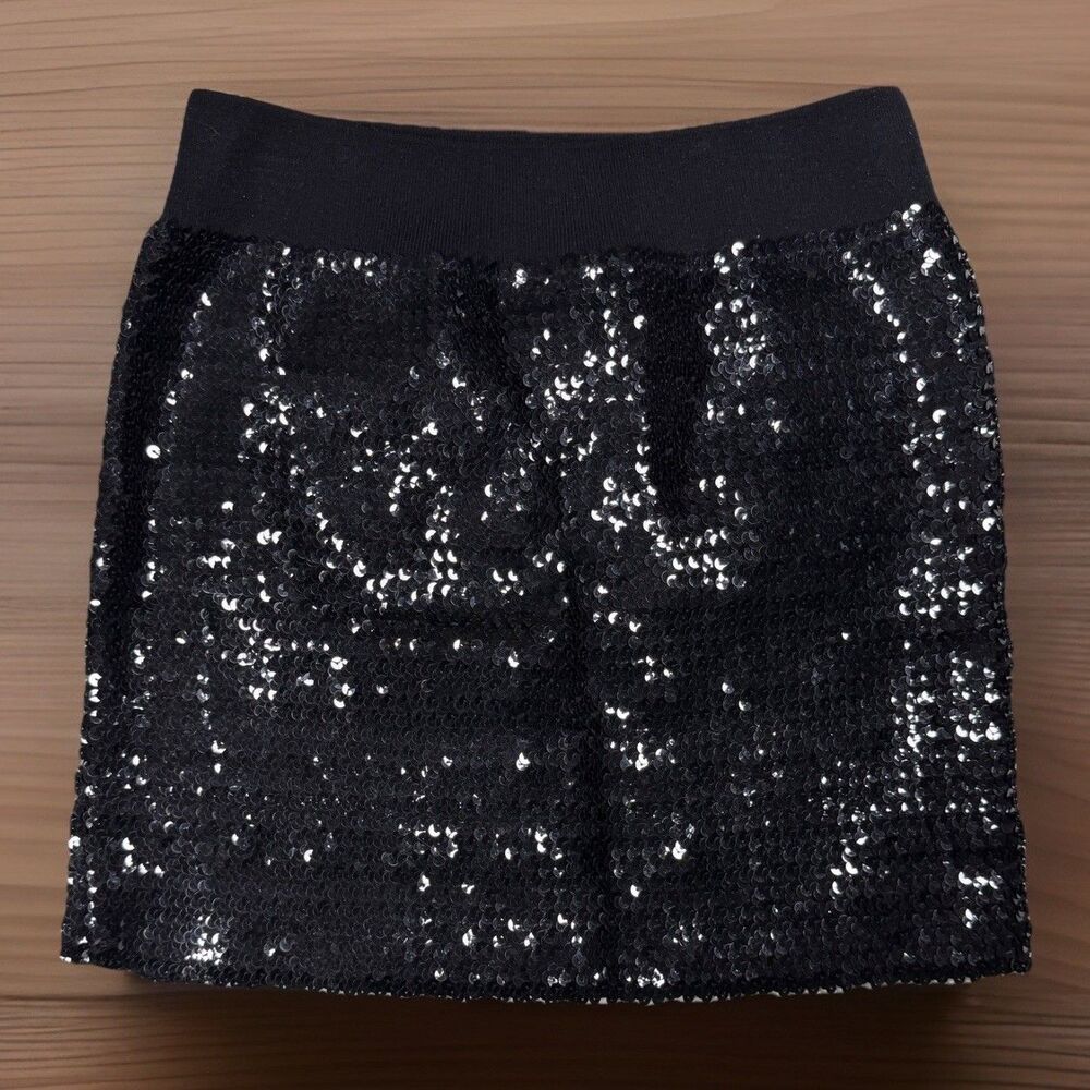 Black Sequin Mini Skirt Womens L Stretch Y2K Indie Sleaze Disco Clubwear